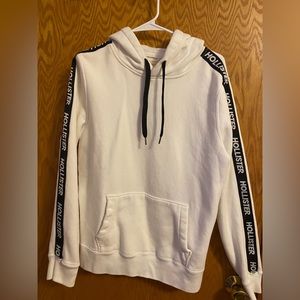 Hollister Mens White Hoodie Black Hollister Taping Logo Down Sleeves